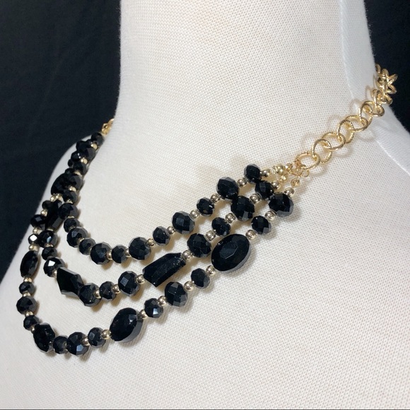 3 Row Black Glass Beaded Necklace Earrings Set - Picture 2 of 3